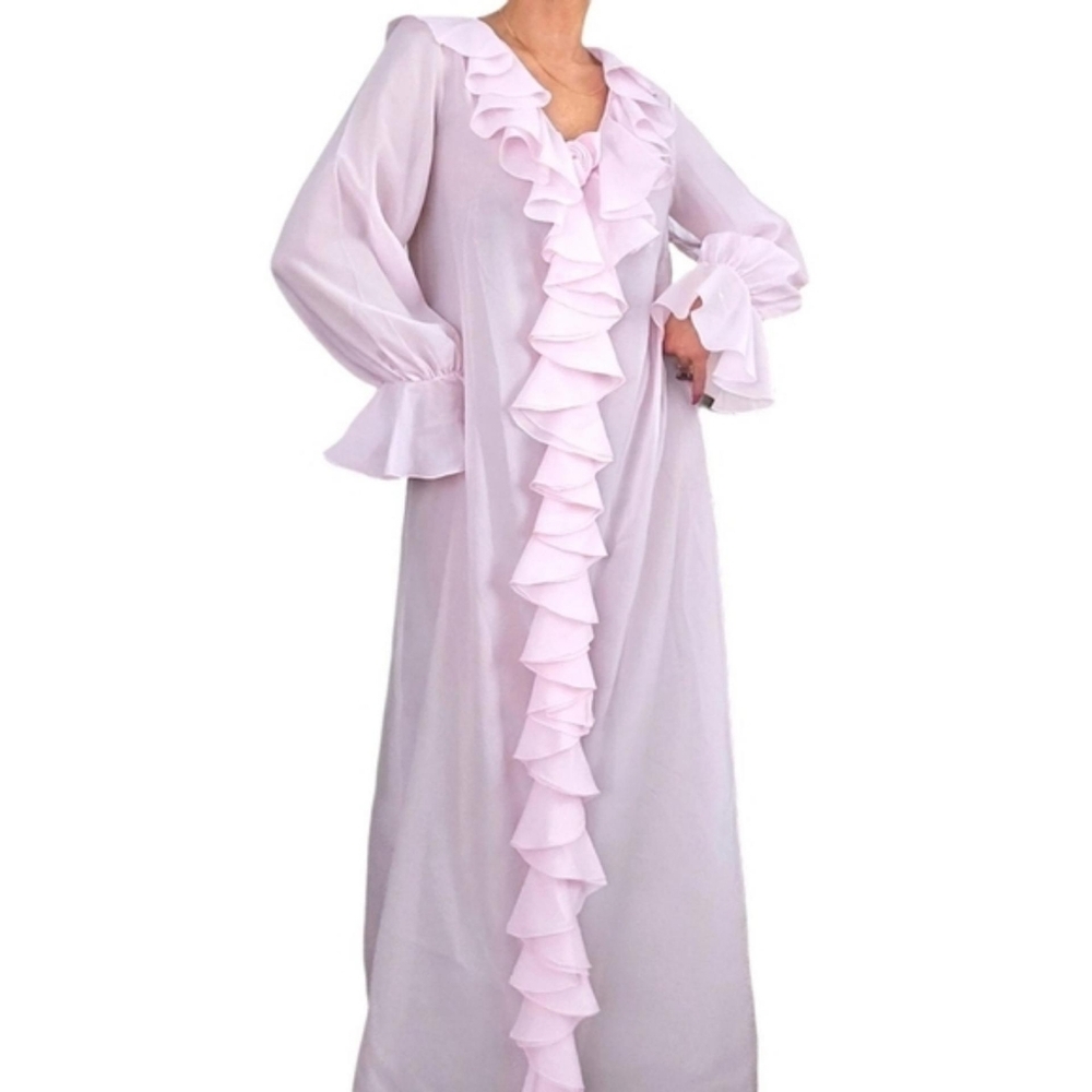 Christian Dior Vintage Pink Ruffle Kaftan Caftan Long Sleeve Maxi Hostess Dress